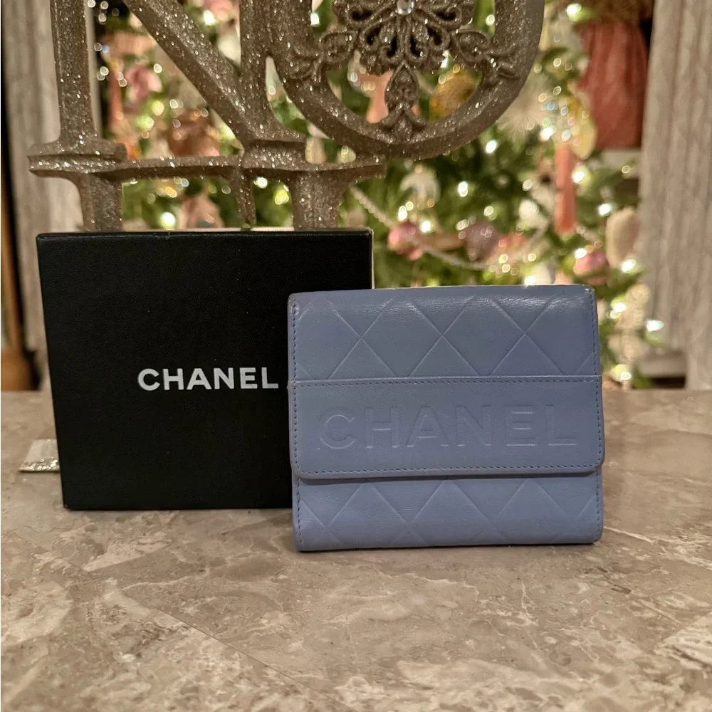 Vintage CHANEL Light Blue Quilted Logo Compact Wallet
